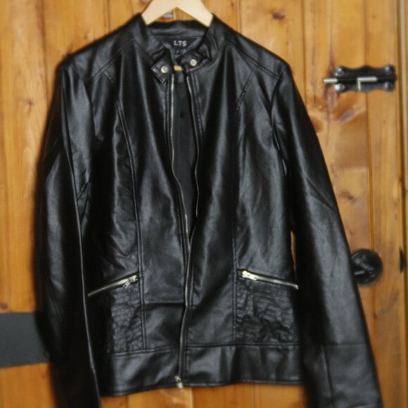 LTS Tall Black Faux Leather Funnel Neck Jacket - Picture 2 of 5